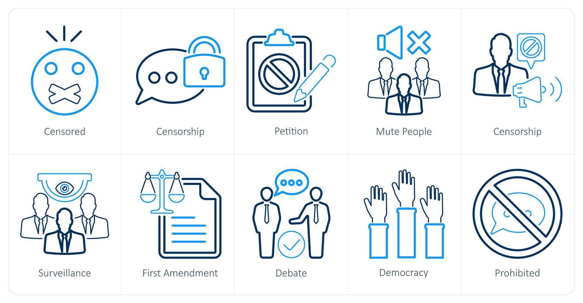 A set of 10 freedom of speech icons as censored, censorship, petition vector