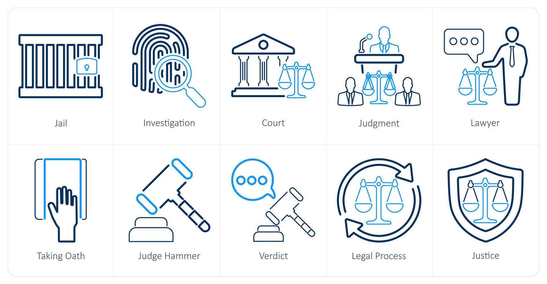 A set of 10 justice icons as jail, investigation, court vector