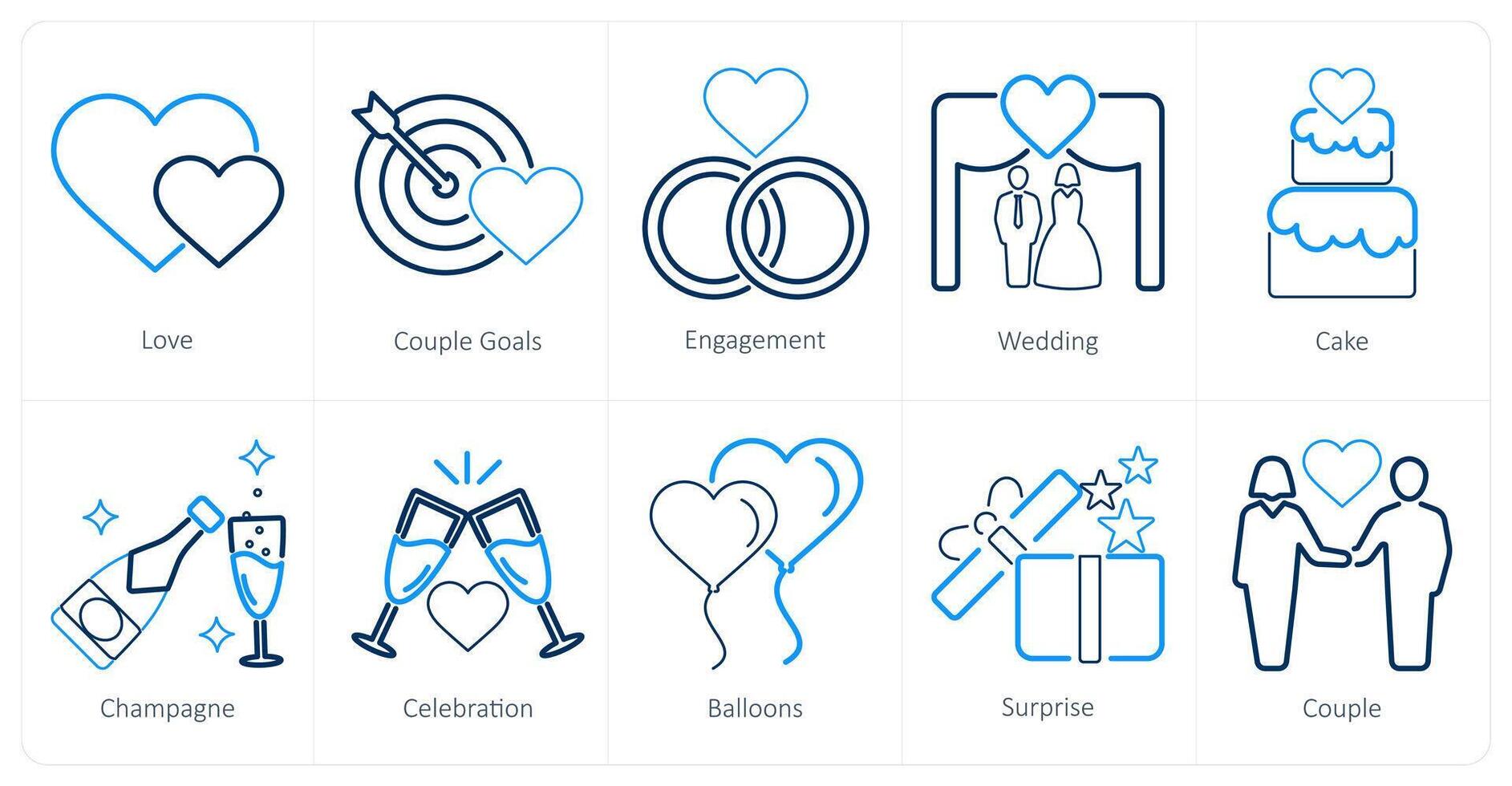 A set of 10 honeymoon icons as love, couple goals, engagement vector