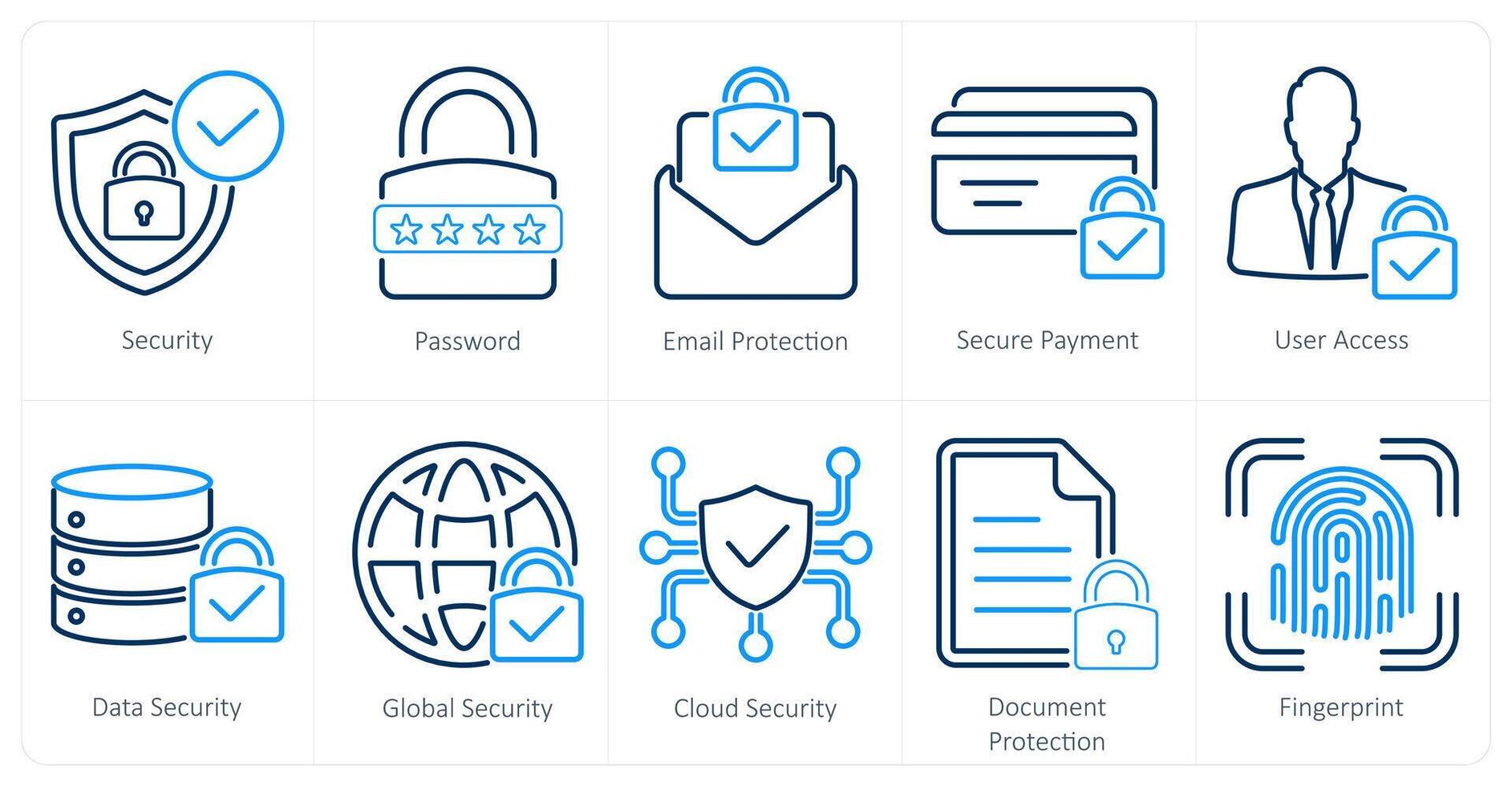 A set of 10 cyber security icons as security, password, email protection, secure payment vector