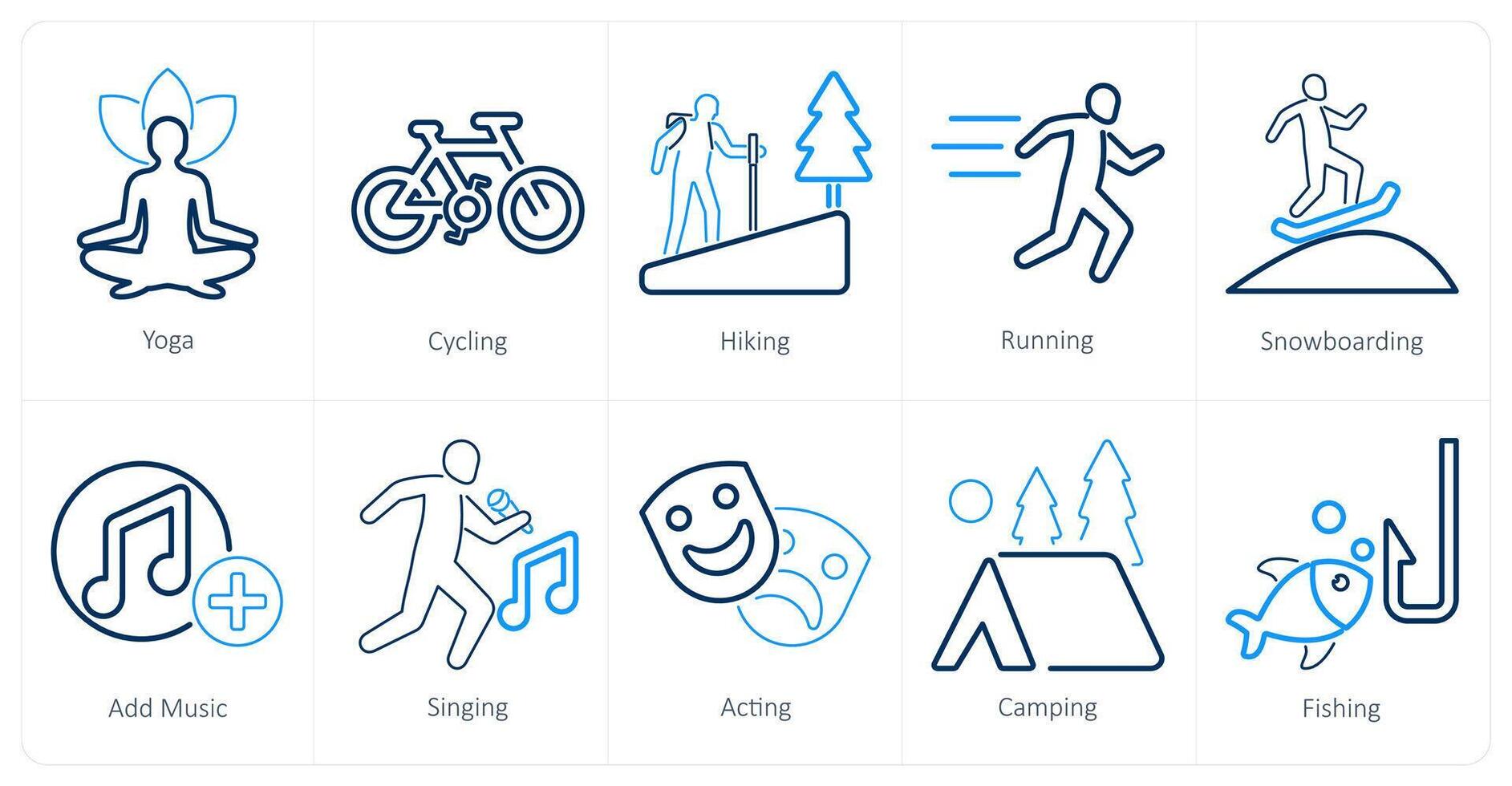 A set of 10 hobby icons as yoga, cycling, hiking vector