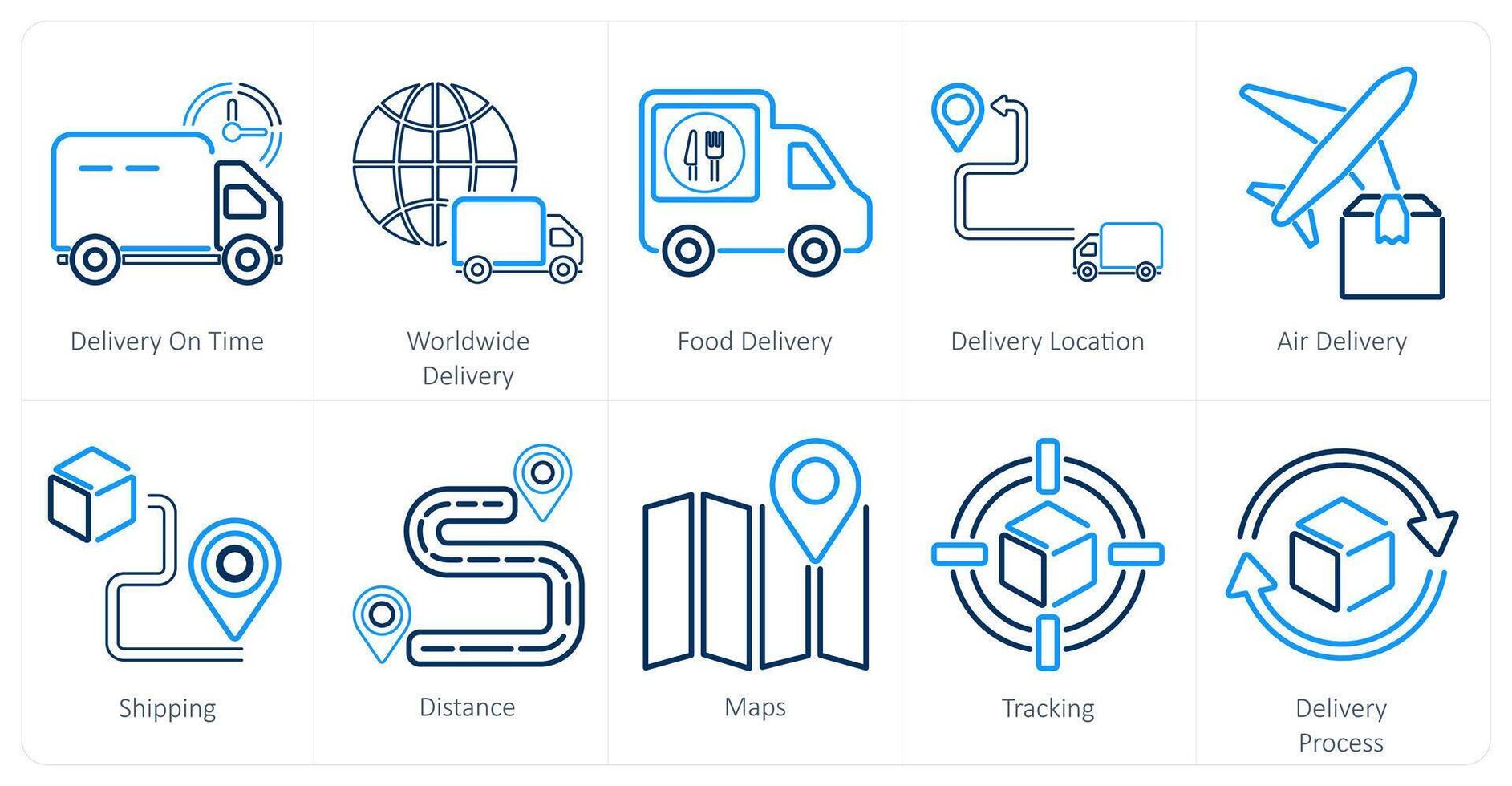 A set of 10 delivery icons as delivery on time, worldwide delivery, food delivery vector