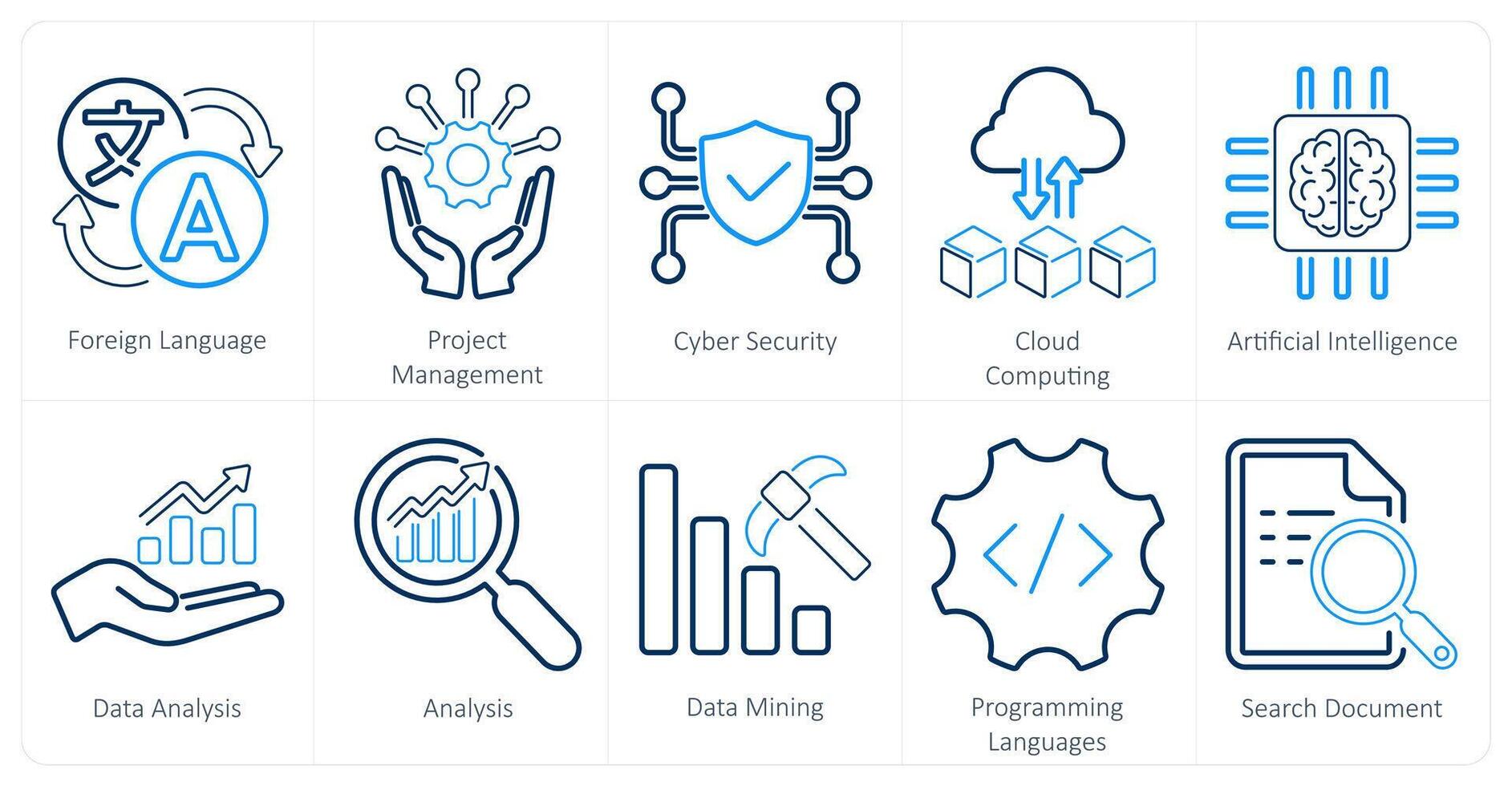 A set of 10 hard skills icons as foreign language, project management, cyber security vector