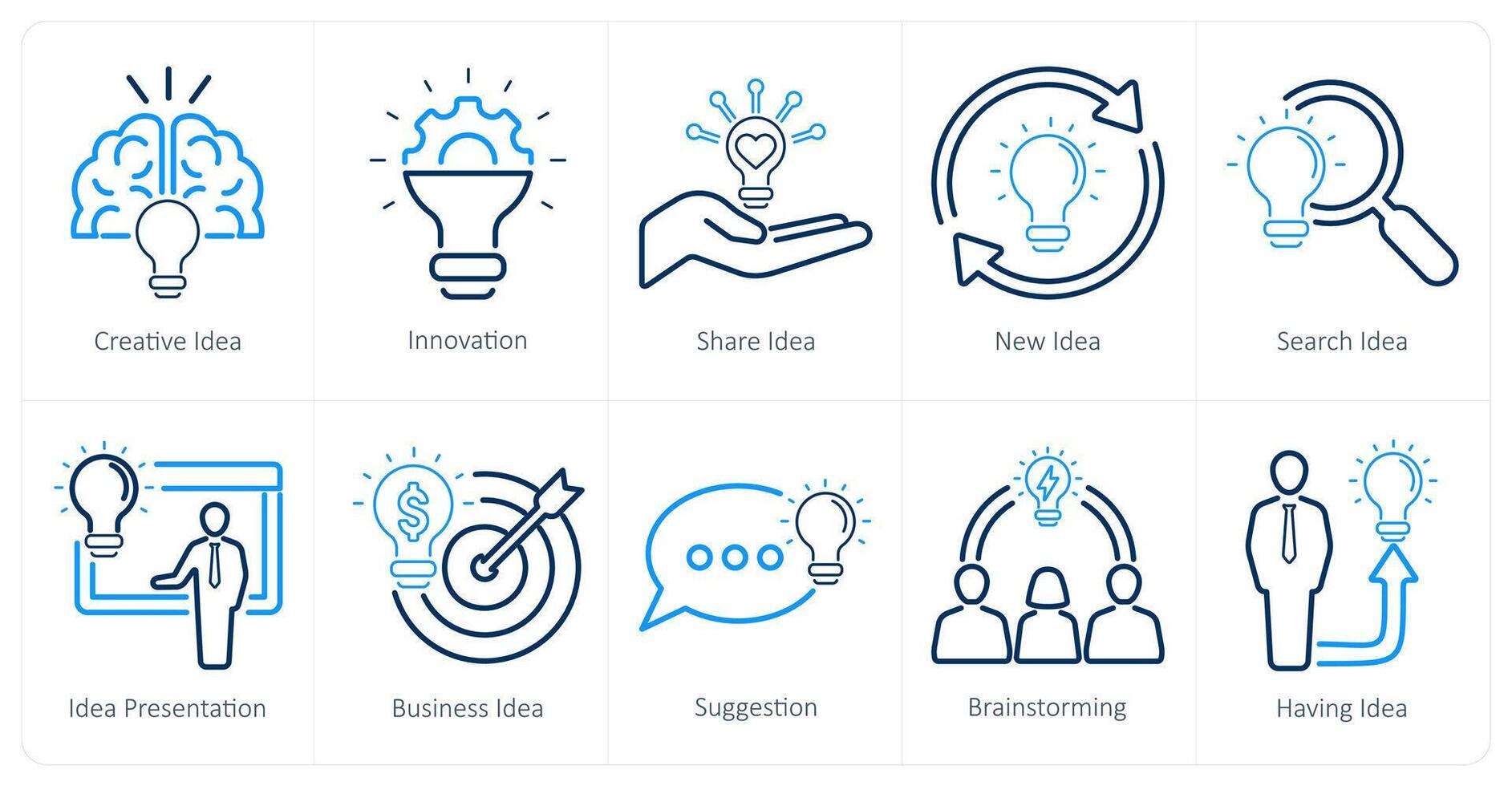 A set of 10 idea icons as creative idea, innovation, share idea vector