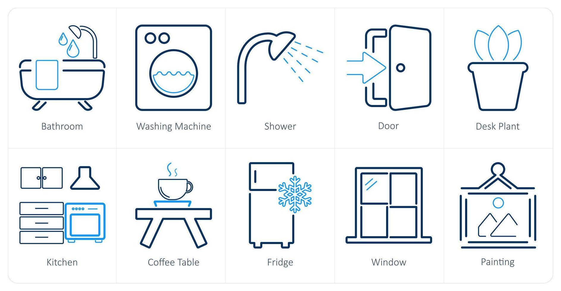 A set of 10 home interior icons as bathroom, washing machine, shower vector