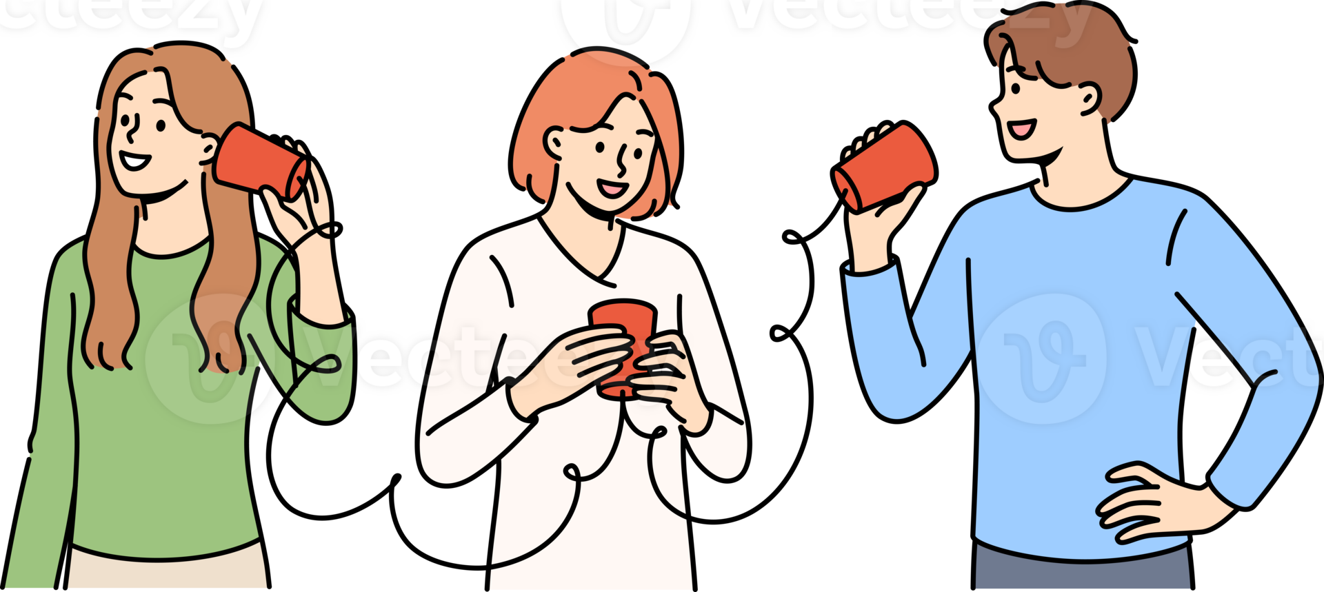 People use telephone made of cups and ropes, eagerly exchanging information through makeshift telegraph. Homemade telegraph in hands of happy students sharing gossip and rumors with each other png