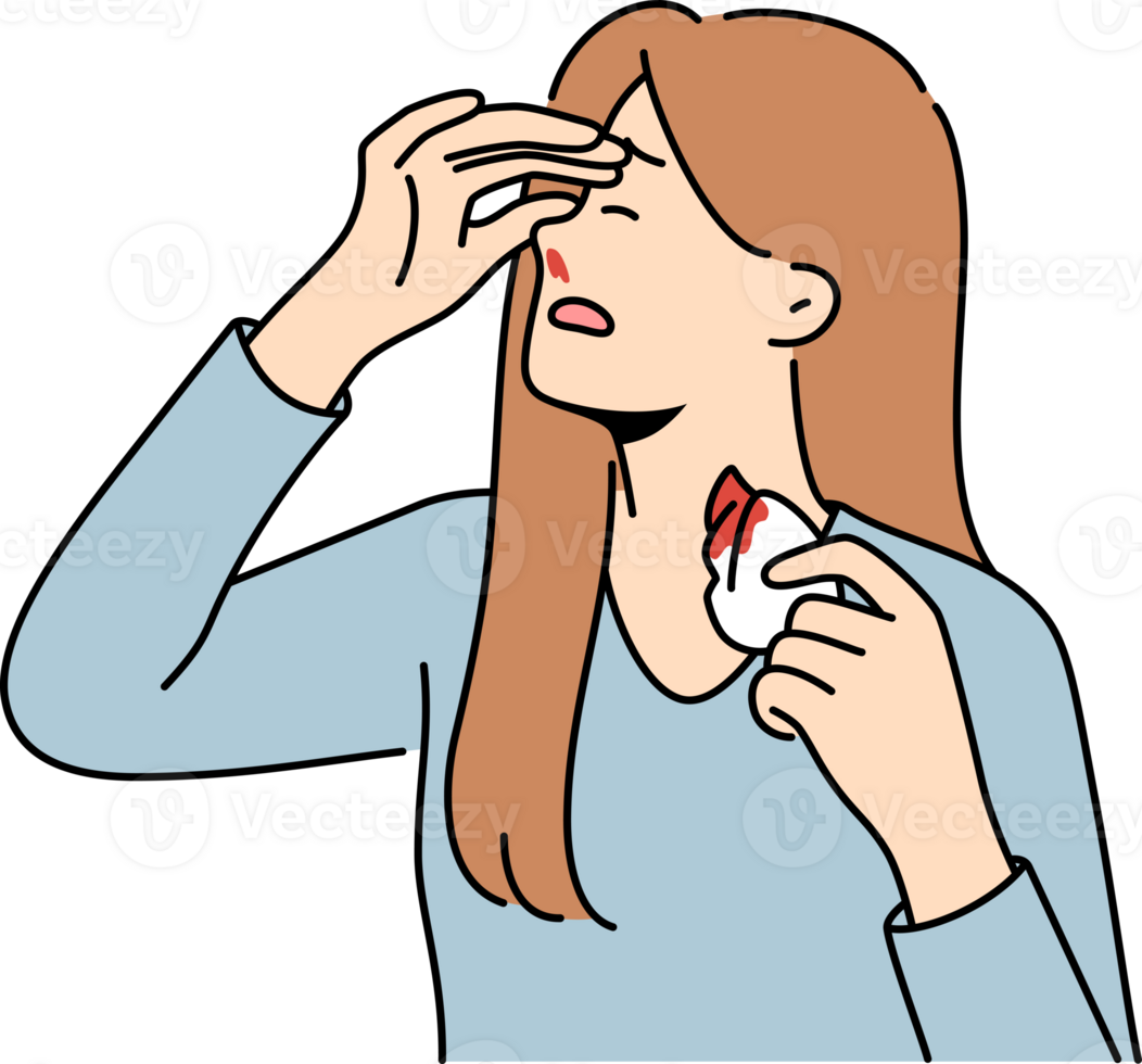 Woman nosebleed is caused by high blood pressure or magnetic storms that affect health. Girl with handkerchief and nosebleed became victim of domestic violence and beating from husband png