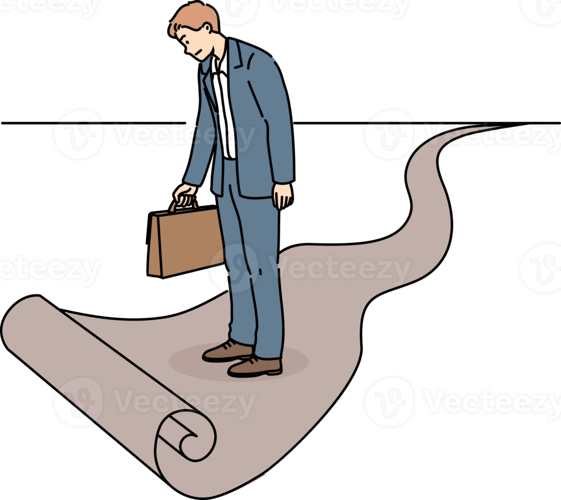 Business man standing at end of path, as metaphor for limitations in career growth and dead end in professional development. Businessman stands confused on ending path and needs career advice png