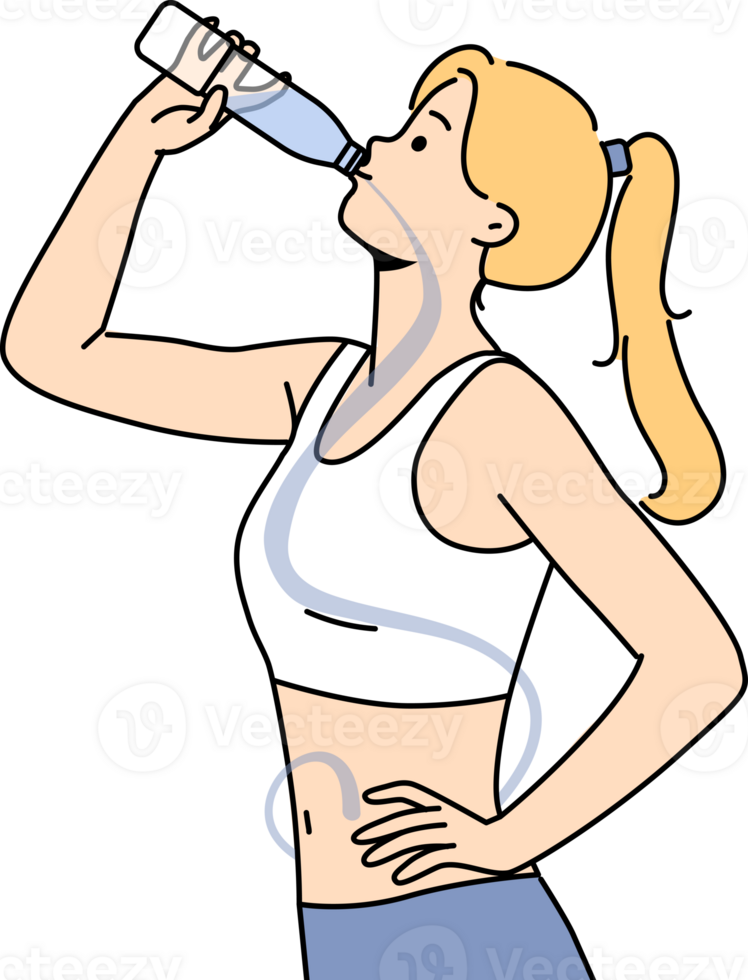 smal kvinna drycker mineral vatten från flaska till rengöra kropp av toxiner och skadlig toxiner. flicka klädd i sportkläder drycker vatten till släcka törst efter lång springa eller kondition träna. png