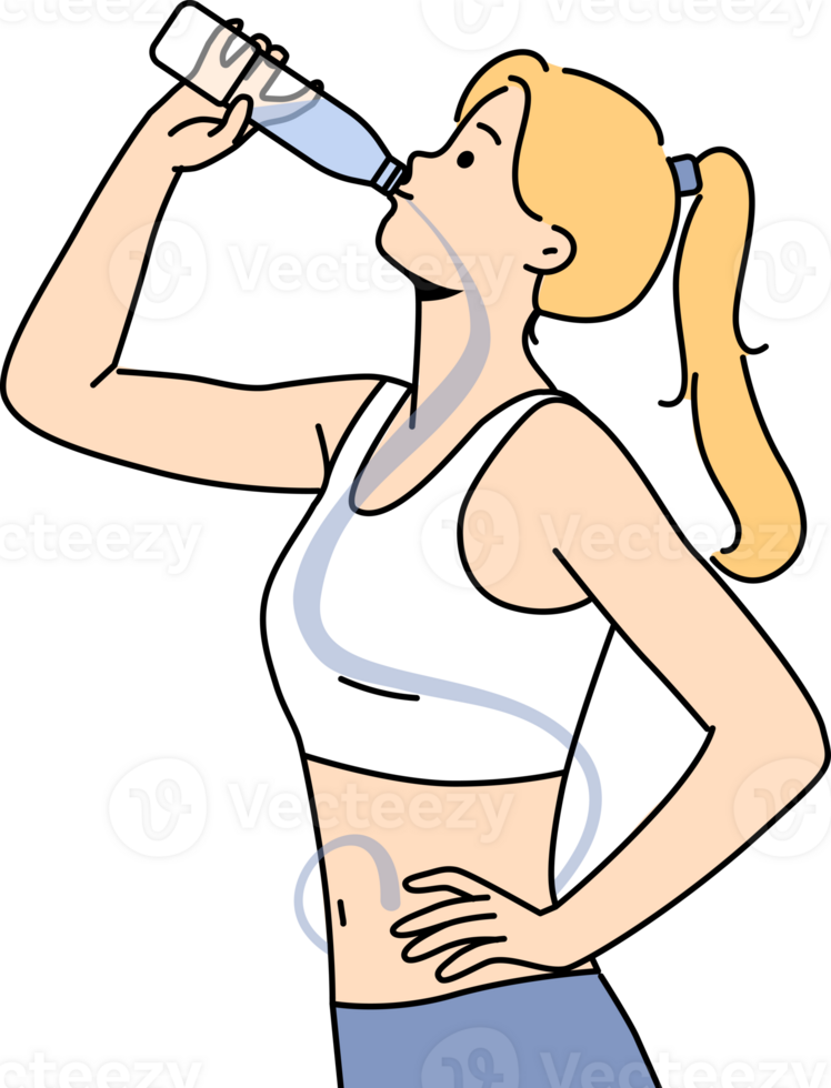 Slender woman drinks mineral water from bottle to cleanse body of toxins and harmful toxins. Girl dressed in sportswear drinks water to quench thirst after long run or fitness workout. png
