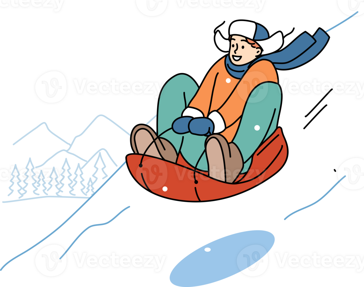 tiener- jongen is ontspannende Bij winter ski toevlucht, glijden naar beneden met sneeuw bedekt heuvel Aan opblaasbaar slee. gelukkig jong vent Leidt actief levensstijl in winter seizoen, gedurende vakantie of vakantie png