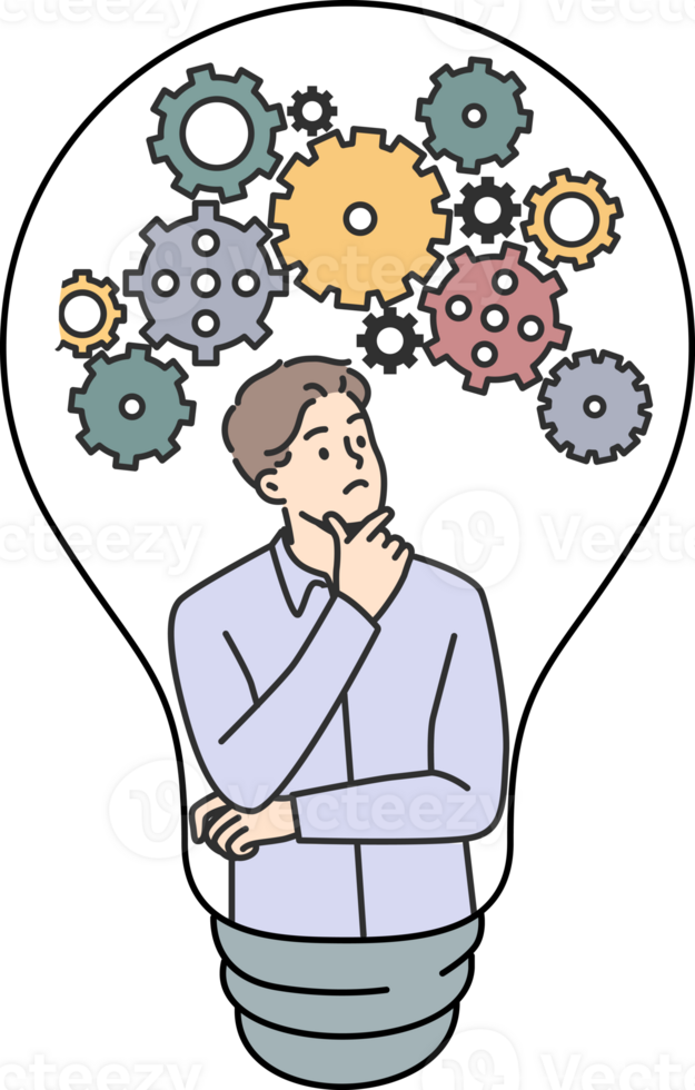 Thoughtful guy comes up with new idea scratching chin and looking at gears inside light bulb. Smart guy developing idea to launch successful unicorn startup or thesis for university png