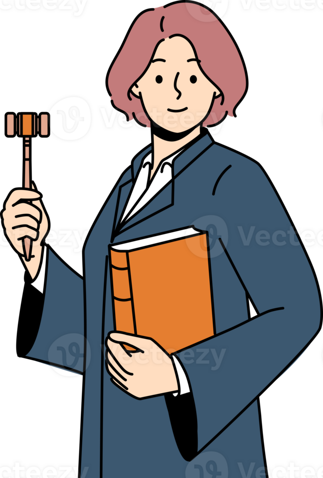 Woman judge with wooden claw and constitution in hands is ready to announce fair legal decision. Girl in judge robe smiles, rejoicing in building successful career in field of law. png