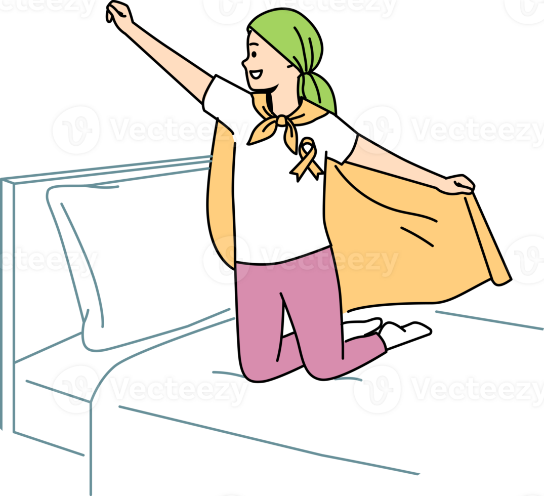 Kind mit Onkologie Krankheit steht auf Bett im Superheld Pose, zum Konzept Tag gegen Krebs. wenig Junge mit Krebs fühlt sich verbessert Stimmung nach besiegen tötlich Krankheit mit Chemotherapie png