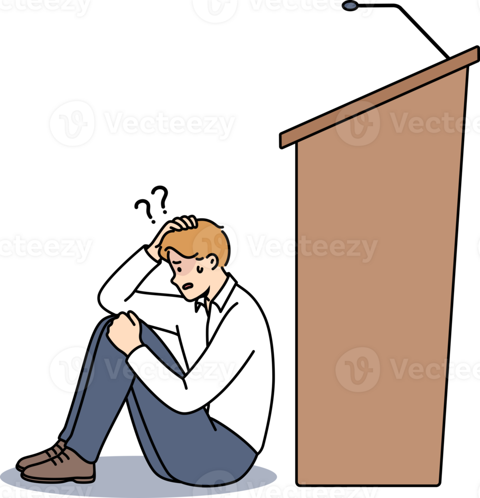 Man experiences peiraphobia, which causes fear speaking in front of audience, and sits near empty podium with microphone. Problem peiraphobia in person with no experience in conducting business events png