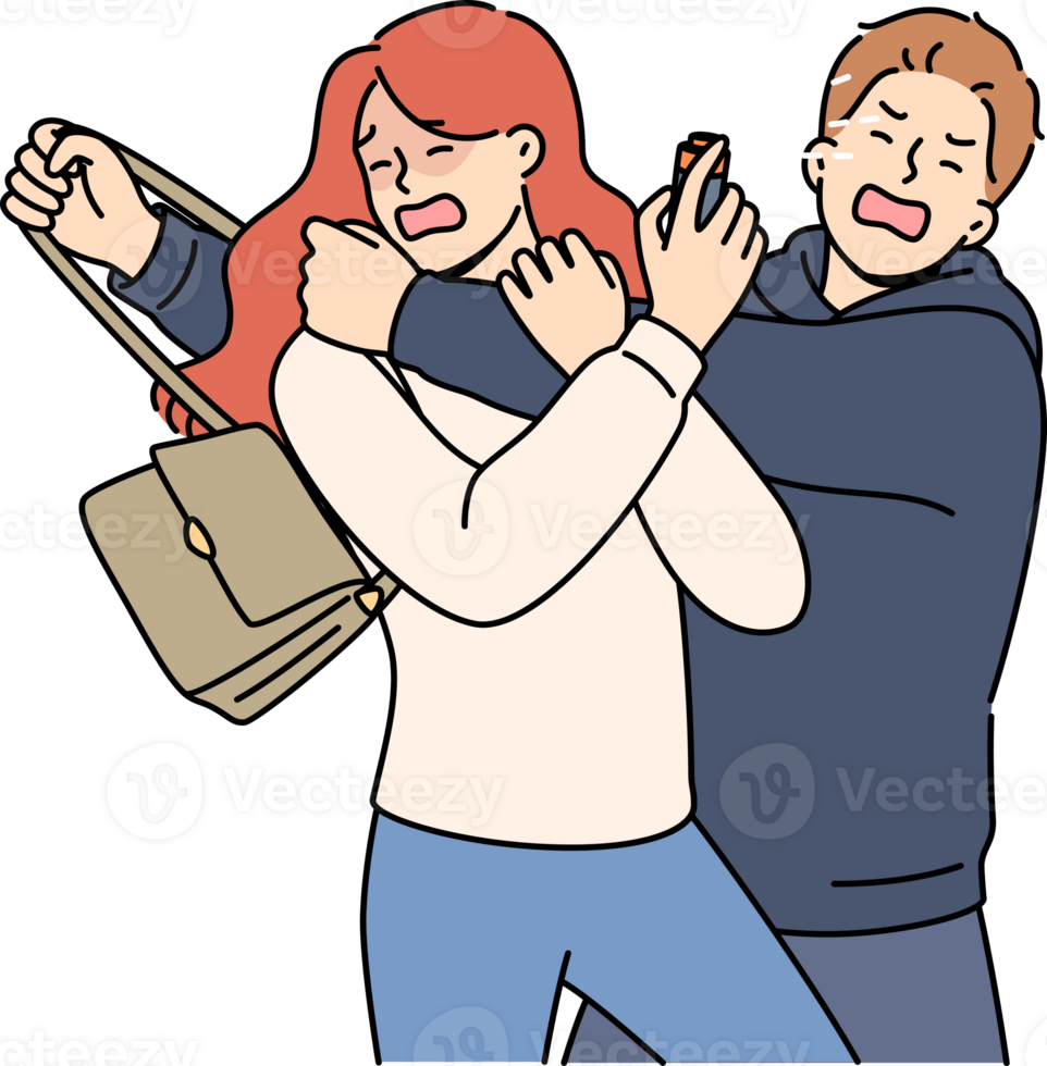 Man robber sprayed with gas from victim spray bottle, using pepper spray for self-defense. Girl trying to save woman from robber who is stealing handbag with purse for purpose of dishonest enrichment. png