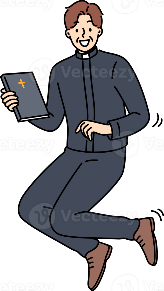 Joyful catholic priest jumps up with bible in hands, inviting you to temple for sunday worship. Happy priest man in religious clothes holding book with christian cross and looking at screen smiling png