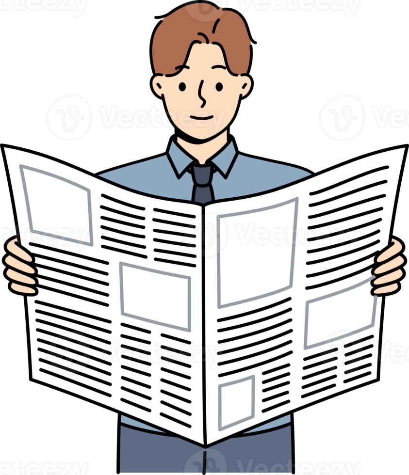 Man reads business newspaper to learn about news from large corporations or looks for job advertisements. Guy with daily newspaper scours press for inside information about company vacancies. png