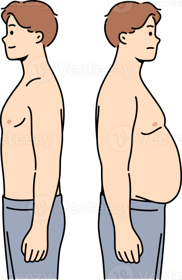 Thin and fat men stand side by side demonstrating changes in figures after eating fast food or working sedentary jobs. Fat guy has problems with excess weight caused by hormonal imbalance in body png