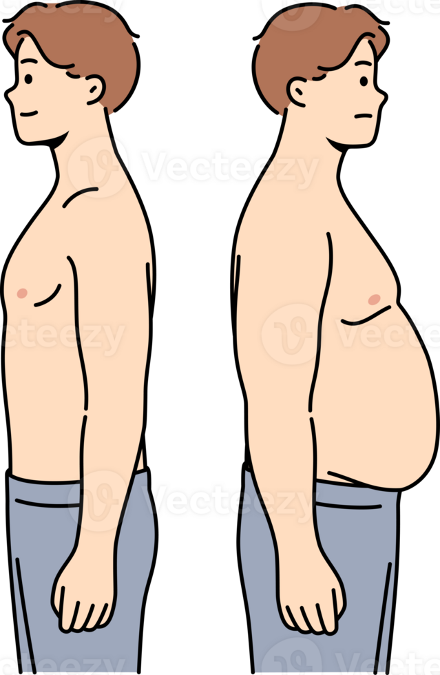 dünn und Fett Männer Stand Seite durch Seite demonstrieren Änderungen im zahlen nach Essen schnell Essen oder Arbeiten sitzend Arbeitsplätze. Fett Kerl hat Probleme mit Überschuss Gewicht verursacht durch hormonell Ungleichgewicht im Körper png