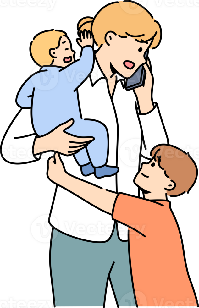 Mother makes business call and babysits children at same time, needing to hire nanny. Multitasking freelance mother is stressed by having to make calls after hours and needs to balance work and family png