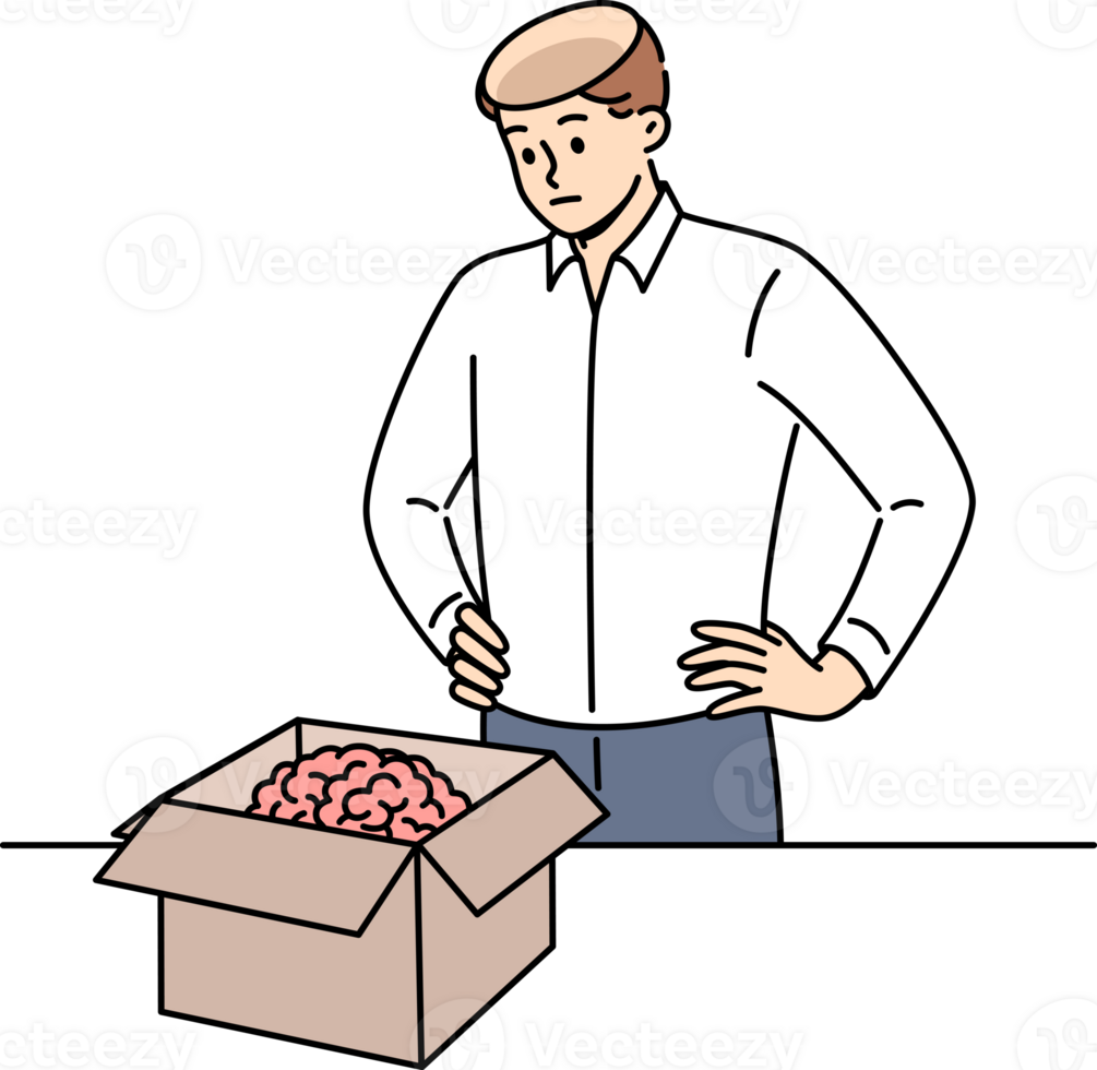 hombre tomó cerebro fuera de cabeza y poner eso en cartulina caja, para concepto de quitando hechos desde memoria. estúpido chico recibido nuevo cerebro en paquete a con rapidez volverse mas inteligente y adquirir nuevo habilidades png