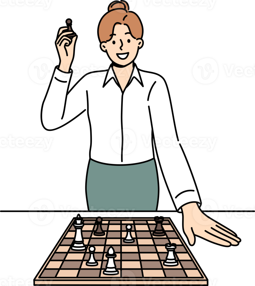 Business woman stands near chessboard, talking about importance of strategic planning and personnel skills. Chess pawn in hands of strategically thinking businesslady planning development of company png