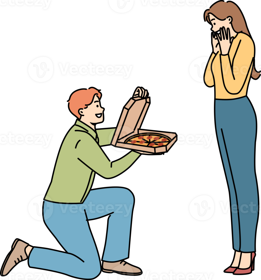 Man gives pizza to beloved, standing on knee and delighting girlfriend with fresh food from italian restaurant. Cheerful boyfriend proposes marriage to girl, with pizza instead of wedding ring png