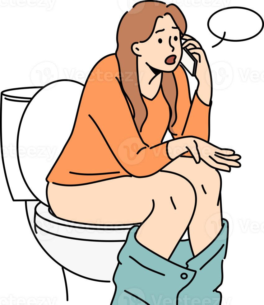 vrouw zit Aan toilet kom in wc en praat Aan telefoon met vriend, bespreken collega's van werk of kerel studenten van Universiteit. meisje met symptomen van diarree oproepen dokter gelegen in toilet png