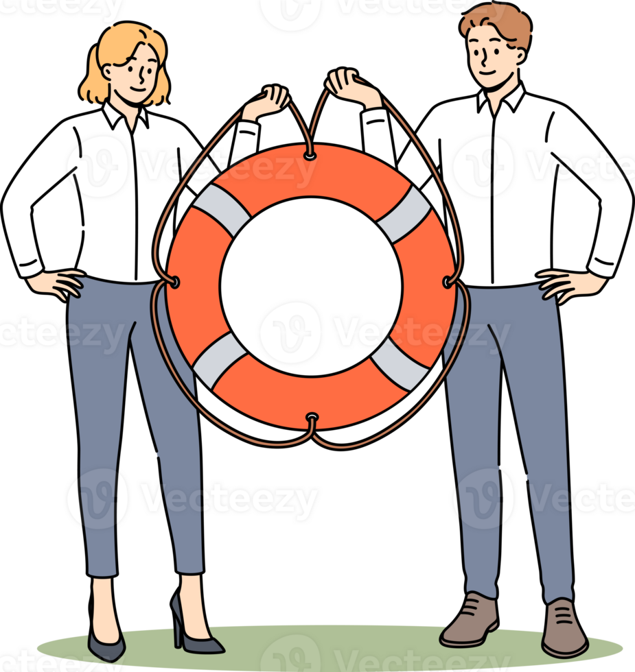 Two managers are holding lifeline offering business help and support or crisis management services. Man and woman working in corporation are ready to provide support to new employees png