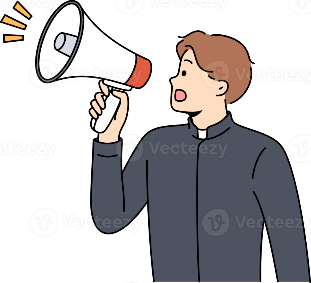 Man shepherd shouts into megaphone, announcing start of religious sermon in catholic religious church. Guy dressed as catholic clergyman is trying to attract new followers of christianity. png