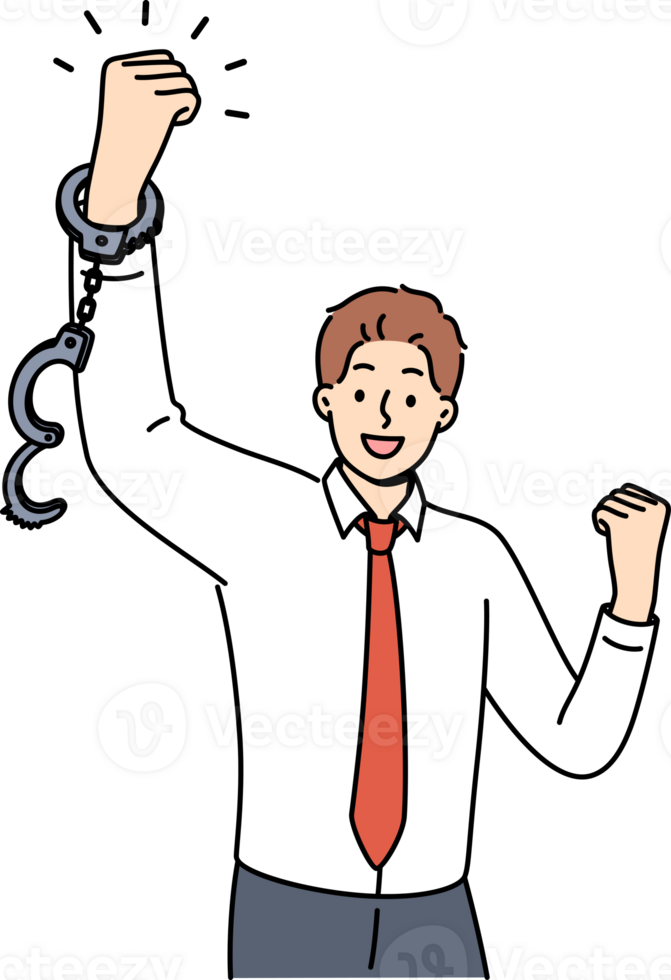 Business man feels joy after being fired from job with bonded working conditions, joyfully waving handcuffed hands. Successful guy celebrates being fired from unloved company with bad bosses png