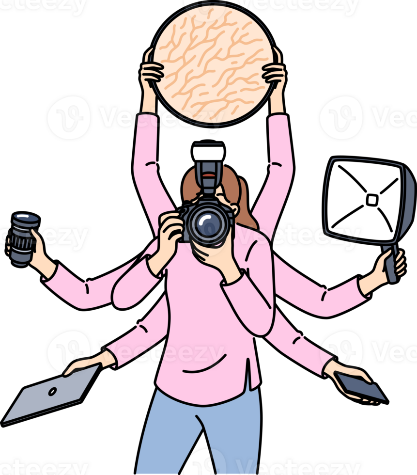 con múltiples brazos mujer fotógrafo lo hace varios cosas a mismo hora debido a carencia de asistente o problemas con planificación. profesional fotógrafo multitarea durante foto disparar a incrementar productividad png