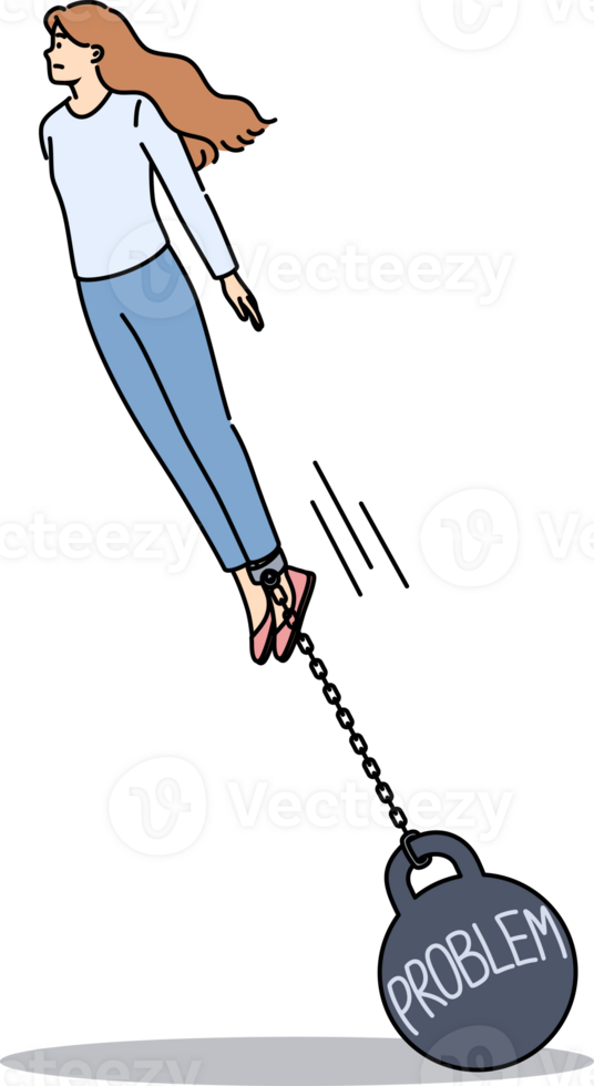 fardeau problèmes est attaché à femme qui veut à réussir et prend de démontrant ambition et motivation. concept problèmes de passé cette mettre pression sur la personne et prévenir de réalisation buts png