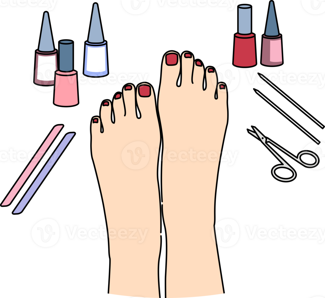 vrouw voeten na pedicure procedure, met nagel Pools en schaar of bestanden in de buurt goed verzorgd geschilderd nagels. pedicure Diensten voor Dames, maken tenen meer aantrekkelijk, voor vervelend Open schoenen png