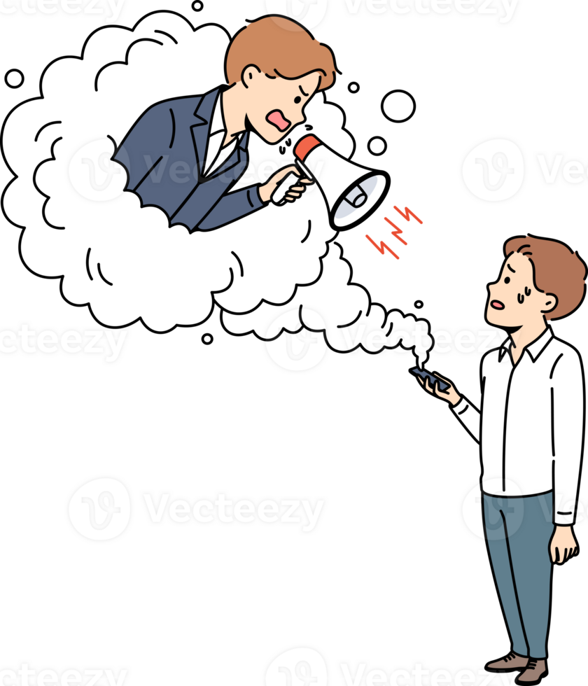 Angry manager scolds helpless subordinate while leaning out of mobile phone with megaphone in hands. Manager violates subordination by raising voice to subordinate to obtain high business results. png