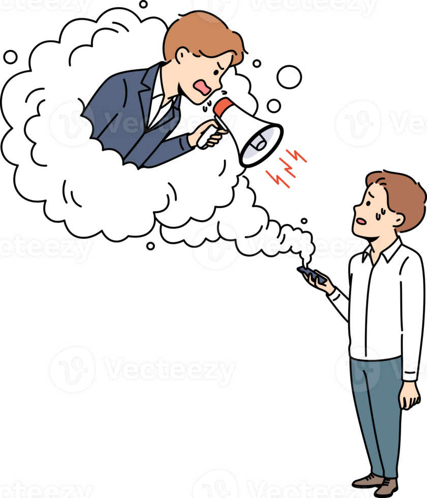 enojado gerente regaña indefenso subordinar mientras propensión fuera de móvil teléfono con megáfono en manos. gerente viola subordinación por levantamiento voz a subordinar a obtener alto negocio resultados. png