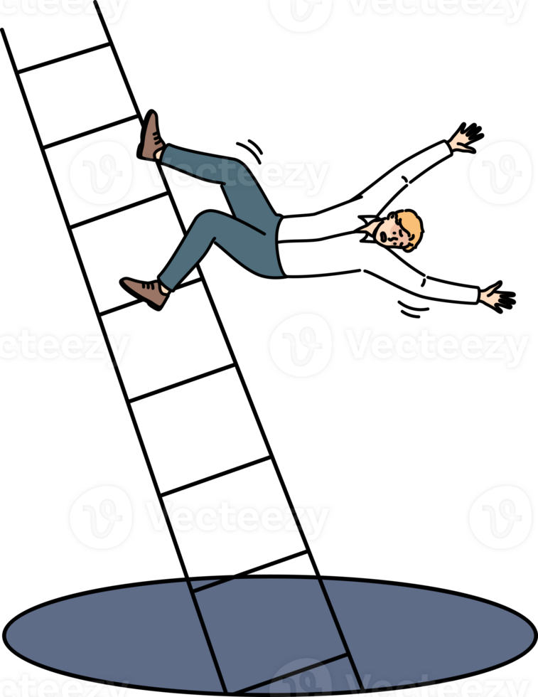 Loser man falls from career ladder into abyss, risking injury due to careless actions. Accident with guy who fell down career ladder after start of labor market crisis and wave of layoffs png