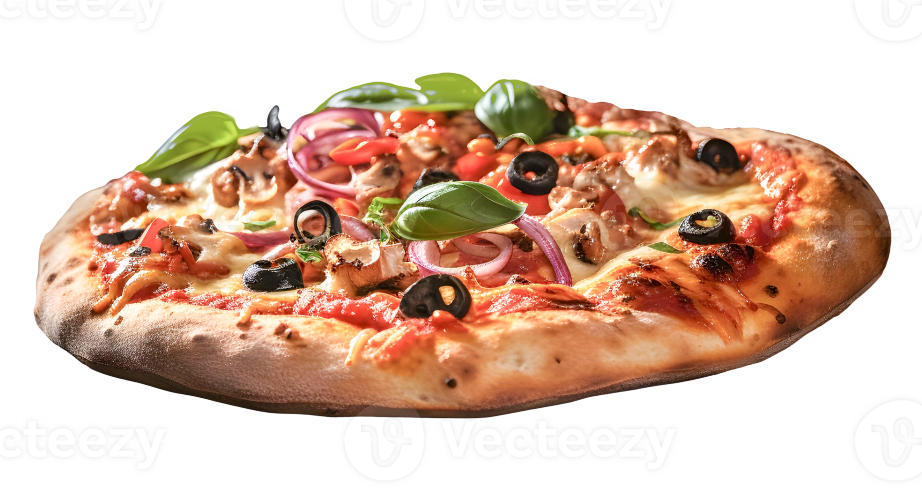 Margherita Italian pizza with melted mozzarella cheese and tomato garnished with fresh basil on a thick crust png