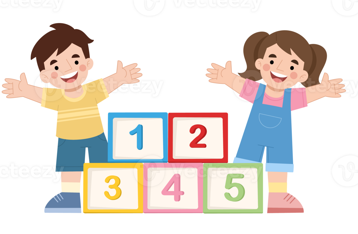 Boy and girl with number blocks cartoon illustration png