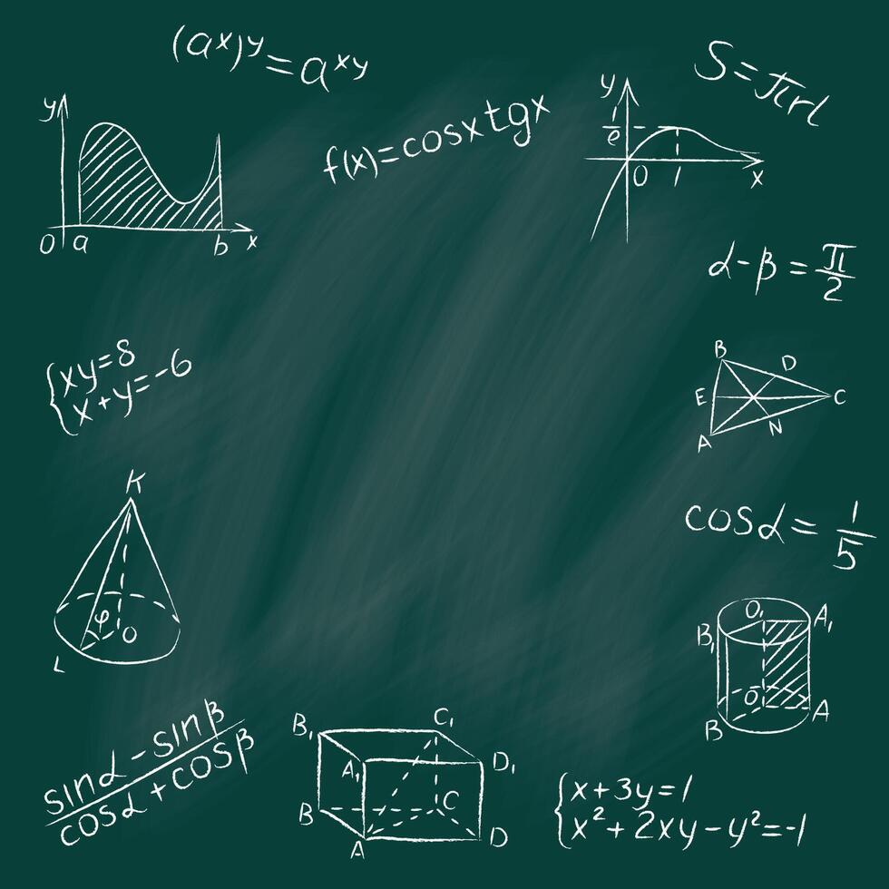 Chalk doodle math blackboard. Round design template include of mathematical figures, triangle, functions, formula, calculation, equation. Handwritten white chalked geometry signs on school chalkboard vector