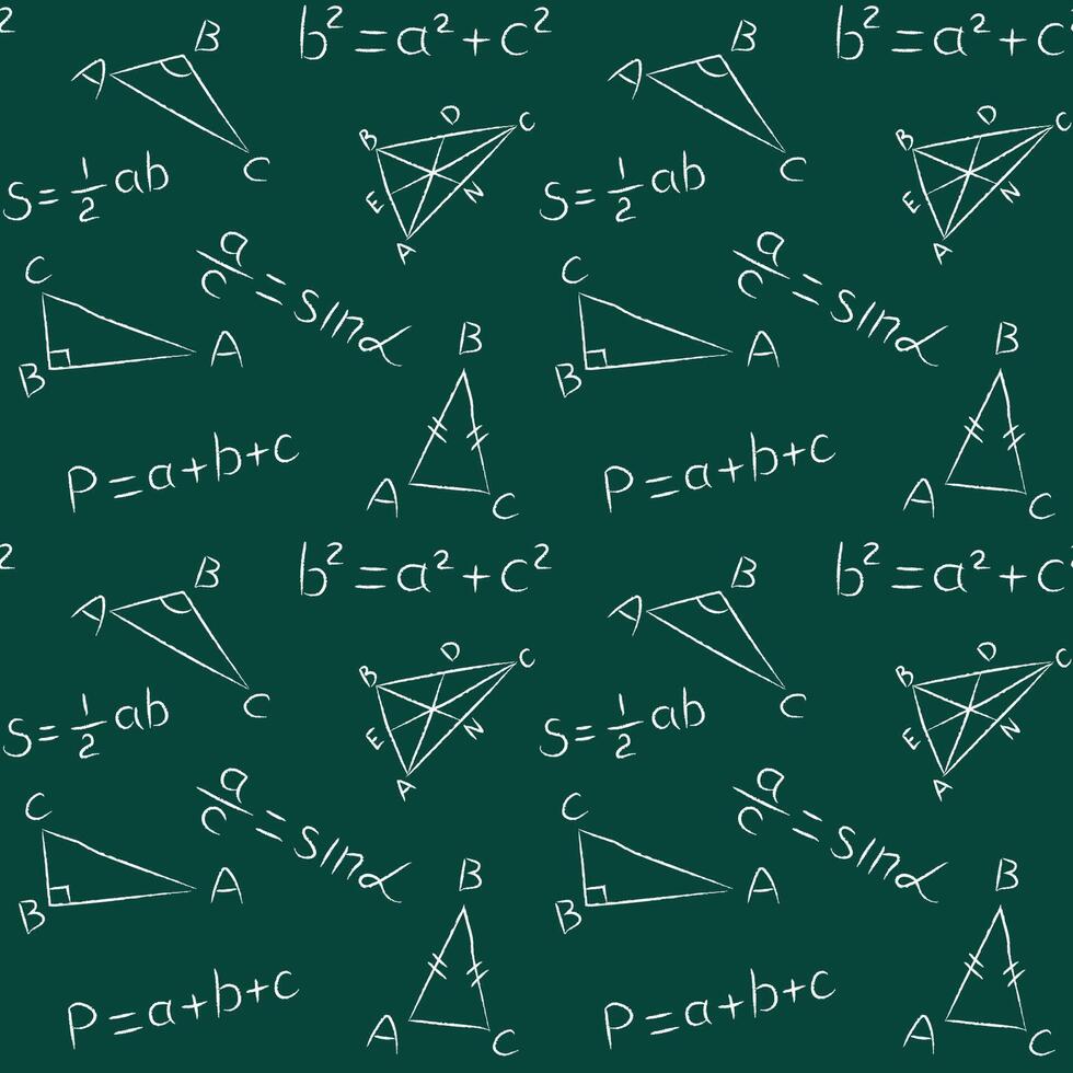 Seamless pattern of chalk geometric triangle and theory formula. Doodle math blackboard. Handwritten white chalked geometry signs and equations on green school chalkboard background vector