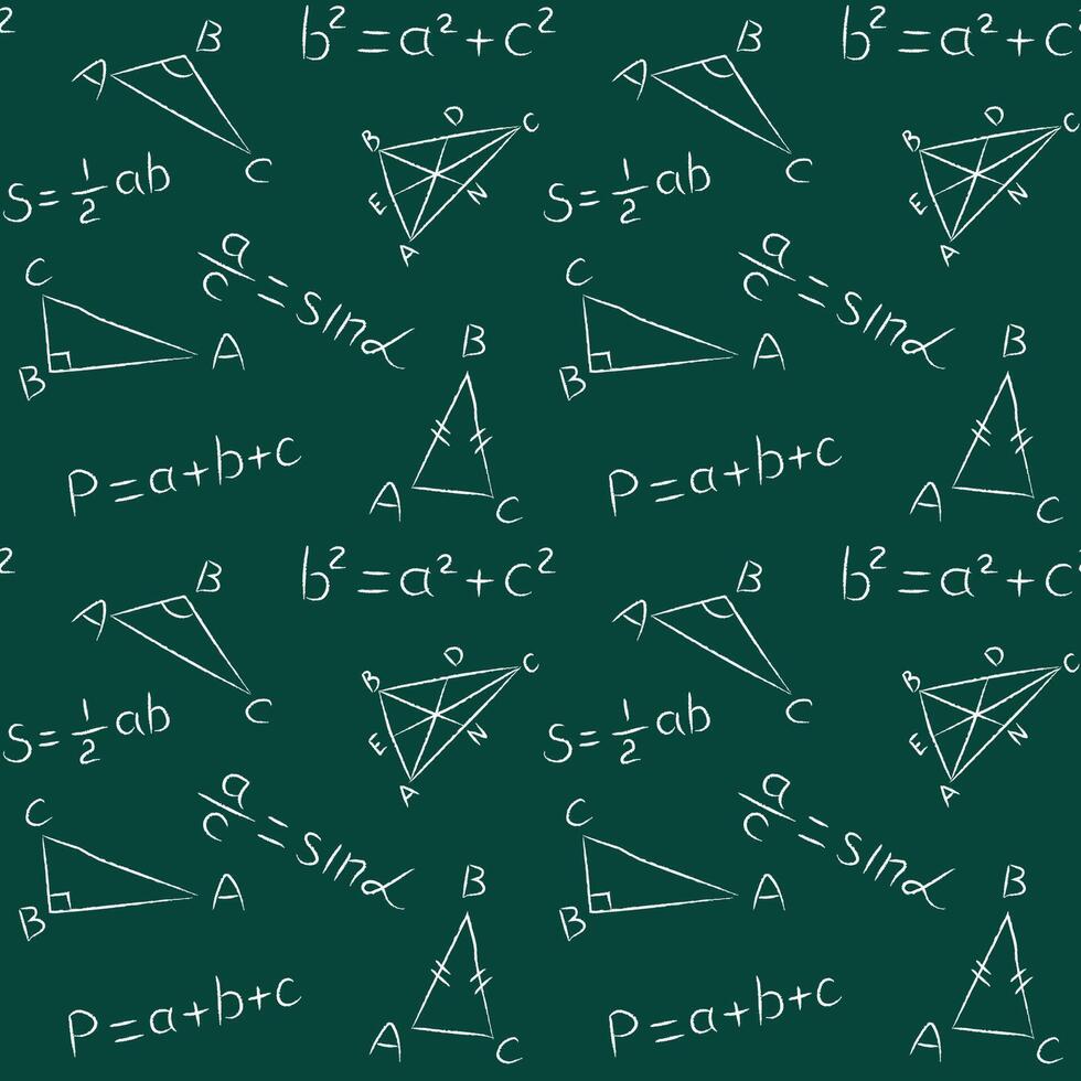 Seamless pattern of chalk geometric triangle and theory formula. Doodle math blackboard. Handwritten white chalked geometry signs and equations on green school chalkboard background vector