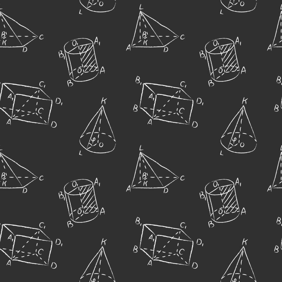 Seamless pattern of chalk various geometric shapes. Hand drawn white chalked triangle, tetrahedron, square, parallelepiped, cones and cylinder are drawn on black school chalkboard background vector