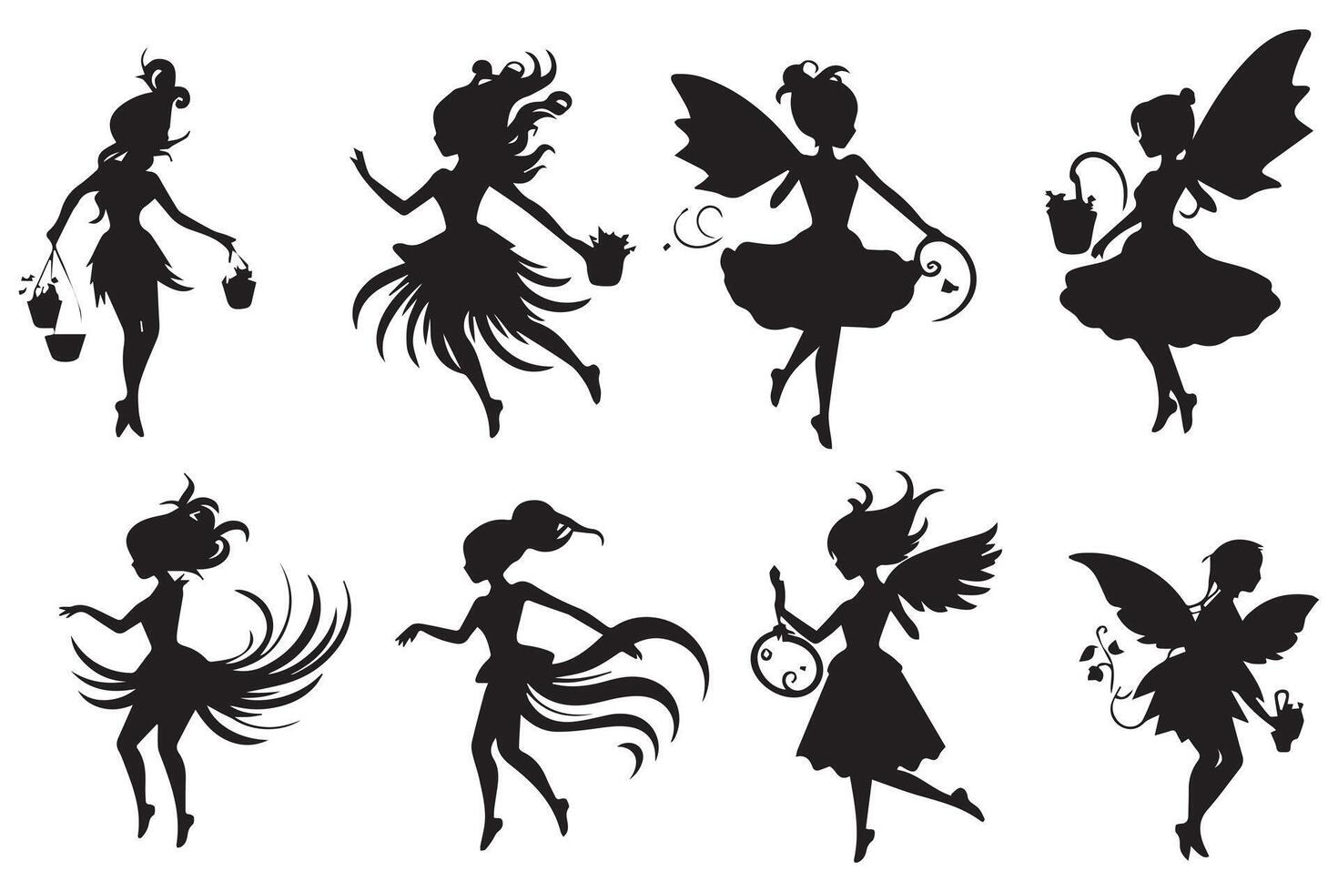 Set of silhouettes of fairies isolated on white background. Magical fairies in the cartoon style Free design vector