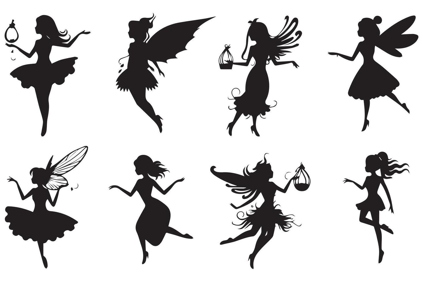 Set of silhouettes of fairies isolated on white background free design vector