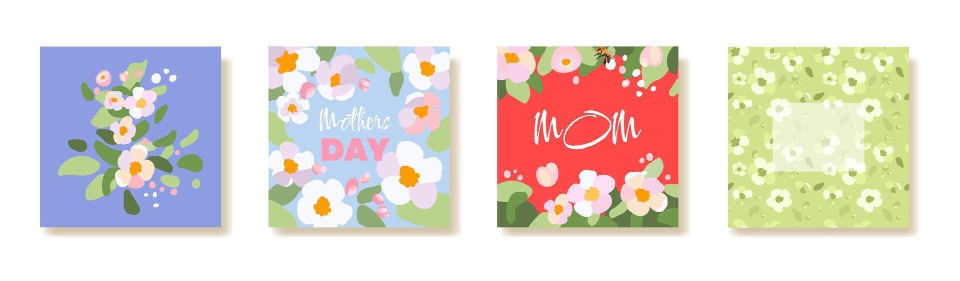 Trendy square Mothers Day card Banner poster Flyer Sakura apple tree branch Floral pattern label cover flowers frame Retro style Spring summer bright floral template ads promo vector