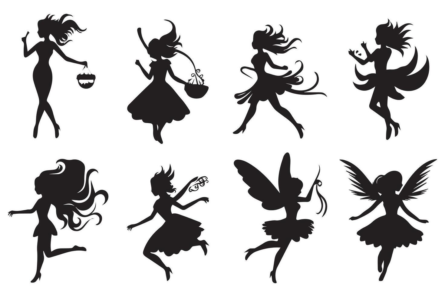 Set of silhouettes of fairies isolated on white background free design vector