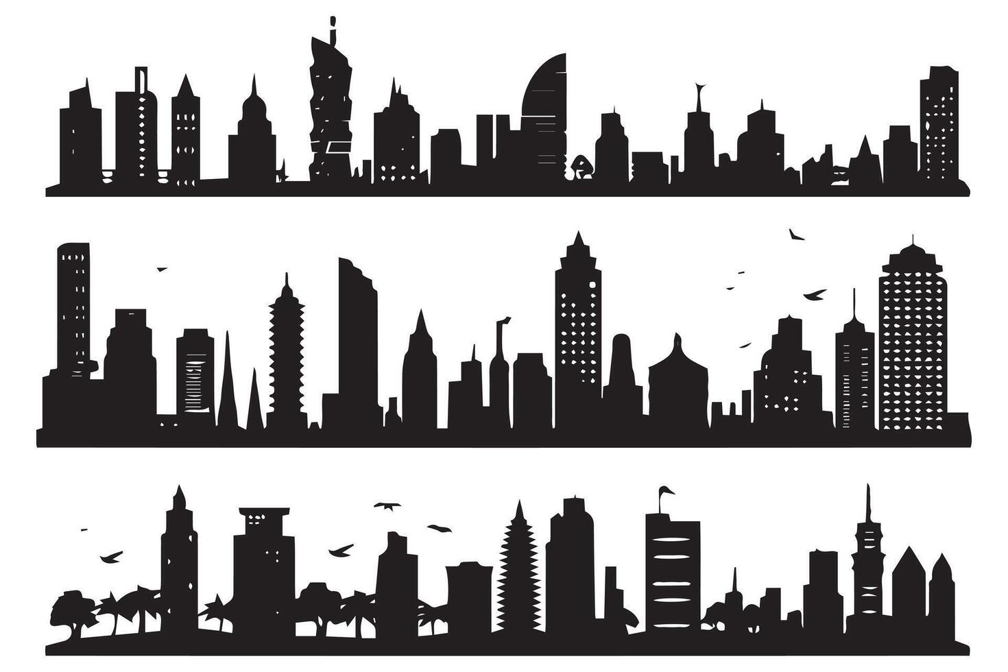 set of City silhouette in flat style. Modern urban landscapec illustration. City skyscrapers building office skyline on white background free design vector