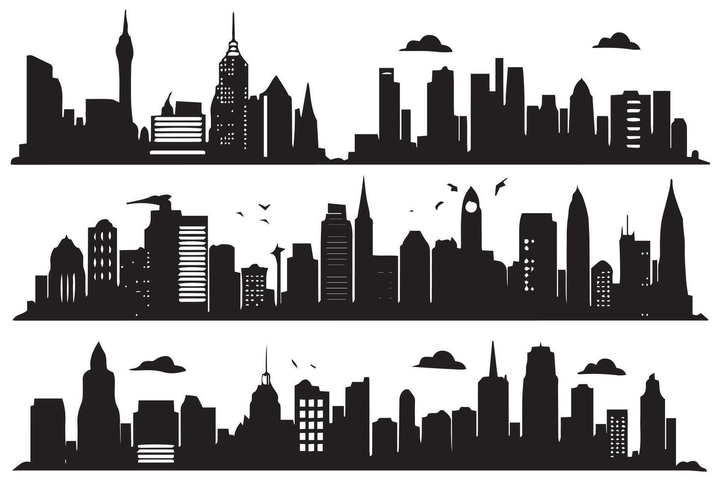 conjunto de ciudad silueta en plano estilo. moderno urbano paisajec ilustración. ciudad rascacielos edificio oficina horizonte en blanco antecedentes gratis diseño vector